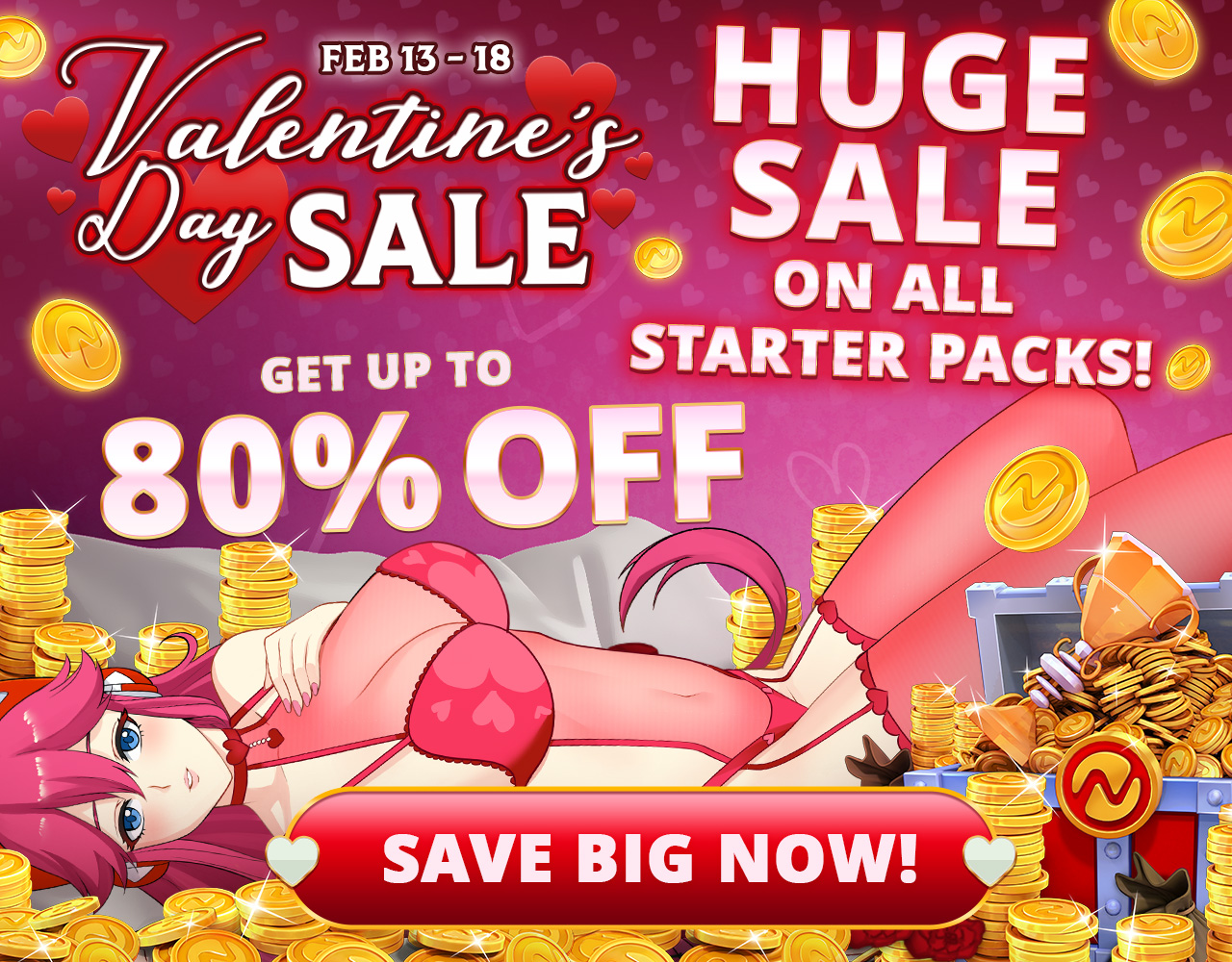 Banner of the Valentine’s Day sale showing Nutaku-Tan, Gold and text regarding the Discounted Starter Packs promotion