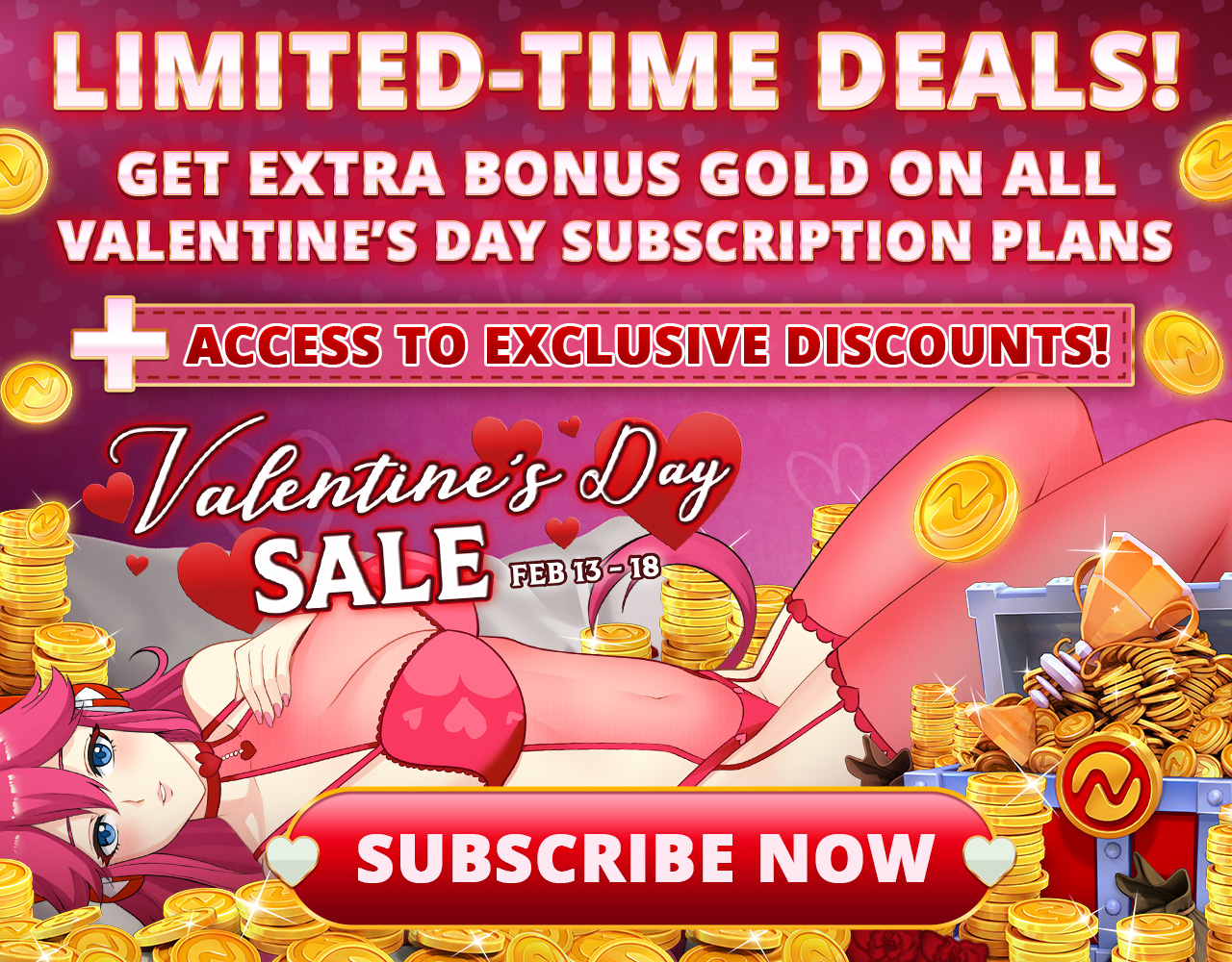 Banner of the Valentine’s Day sale showing Nutaku-Tan, Gold and text regarding the Gold Recharge Subscriber Promo