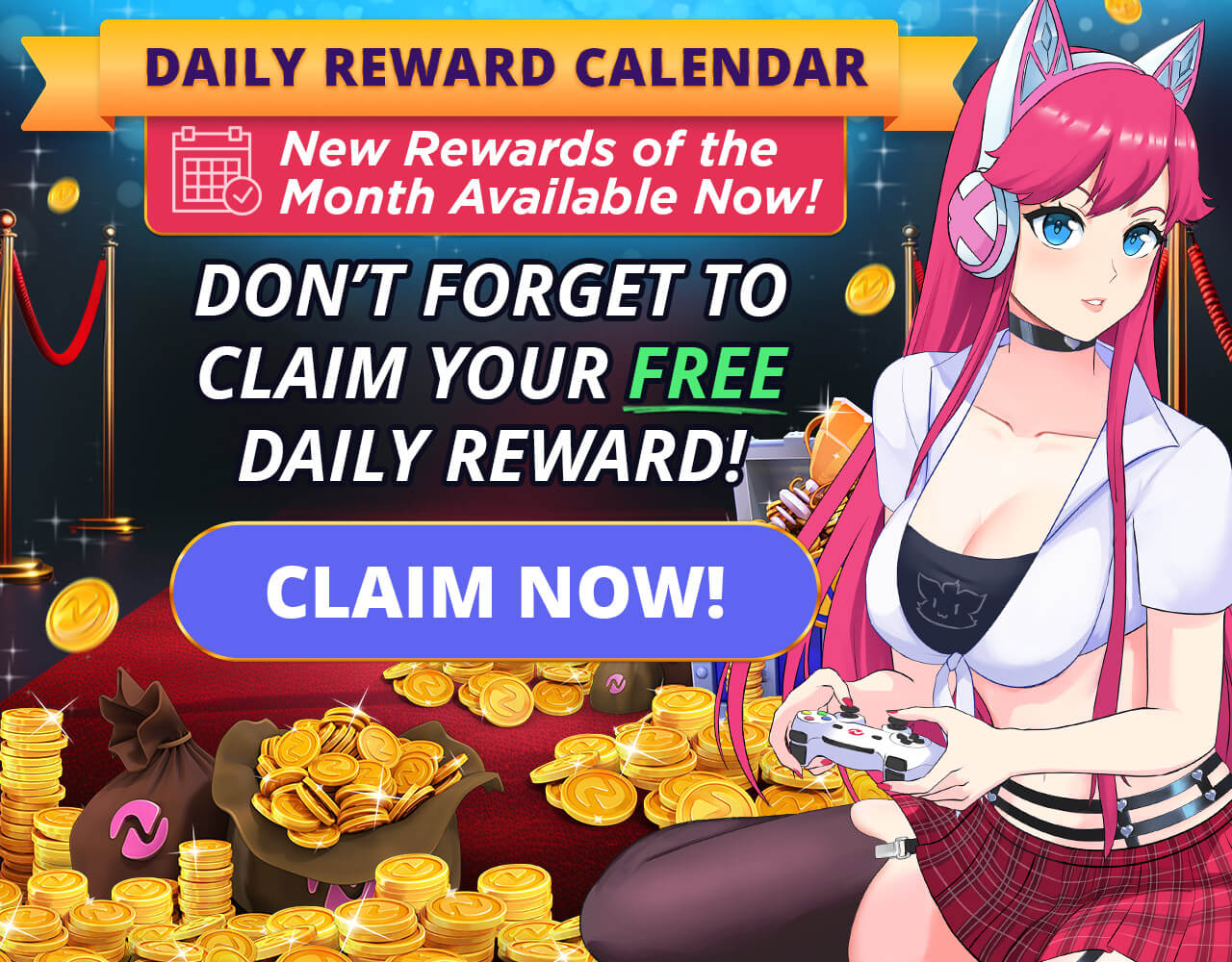 Daily Reward Calendar banner showing Nutaku-tan holding a remote and various gold piles