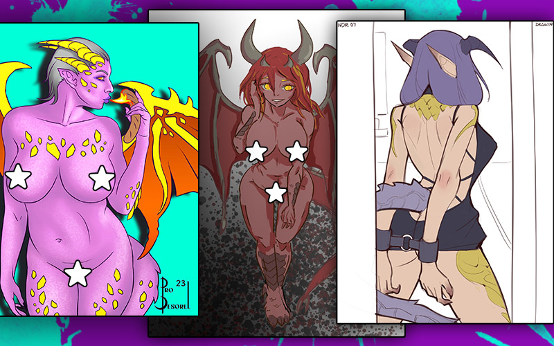 Imagen de hermosas chicas dragón dibujadas por varios artistas acreditados a continuación.