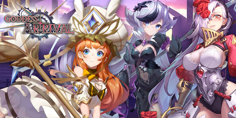 Bild mit verschiedenen Charakteren und dem Logo des Spiels Goddess Arrival