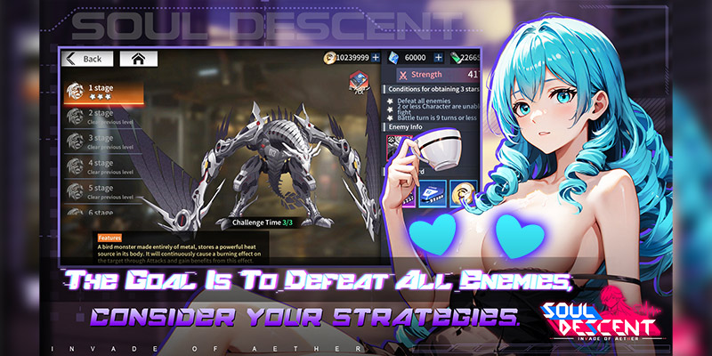 Image showing some of the stages you will get to earn reward from and a blue hair beautiful girl from Soul Descent