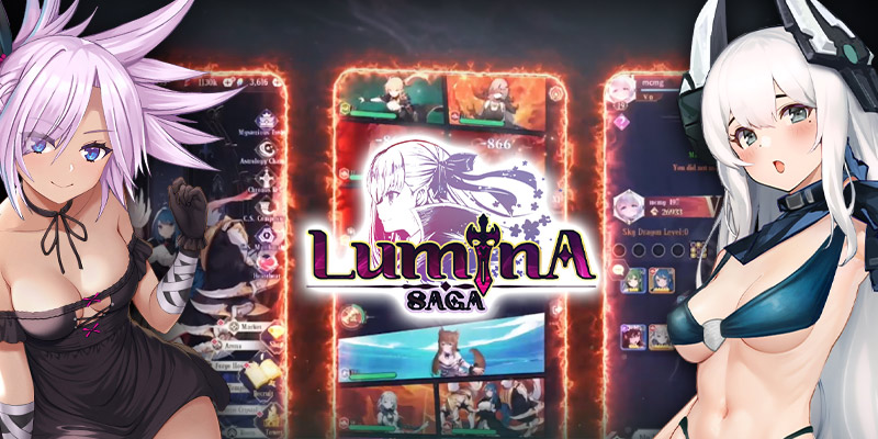 Imagen que muestra parte del juego en la parte posterior y 2 chicas de Lumina Saga.