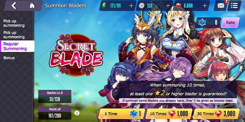 Image of the summoning UI in Secret Blade showing some of the characters