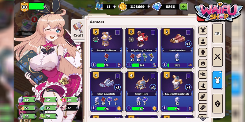 Image montrant certaines des armures que vous pouvez débloquer dans la boutique Waifu