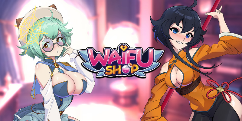 Image montrant 2 des filles et le logo du jeu Waifu Shop